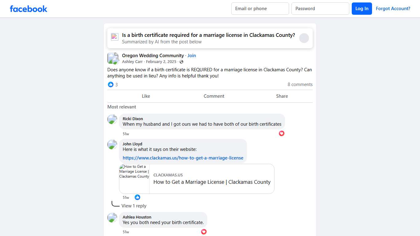 Oregon Wedding Community Does anyone know if a birth certificate is REQUIRED for a marriage license in Clackamas County Facebook
